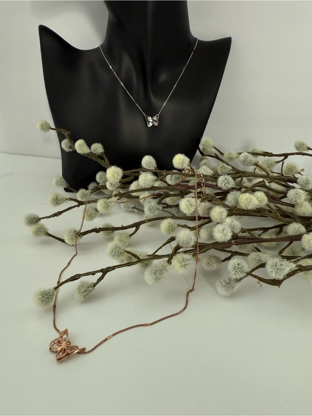 Delicate Butterfly Pendant Necklace in Rose Gold and Silver